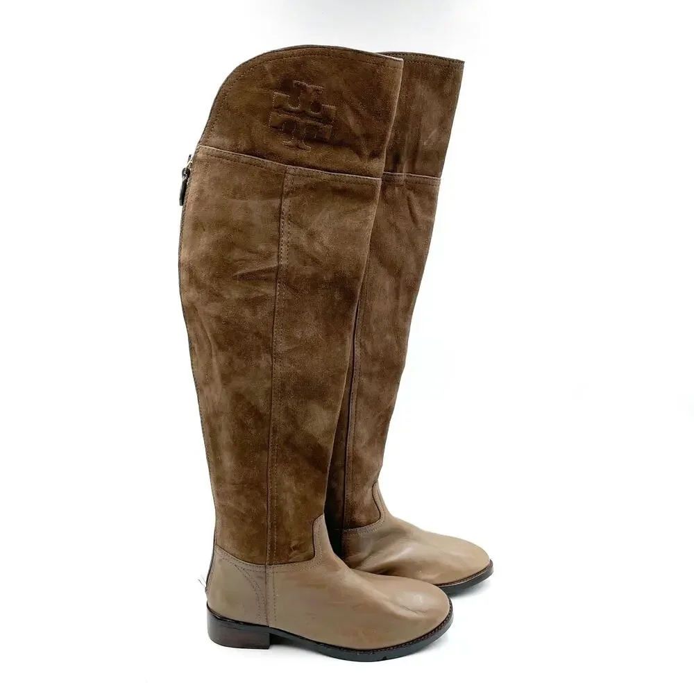 Tory Burch Simone Over the Knee Boots Brown Suede Flat Riding Sz 6